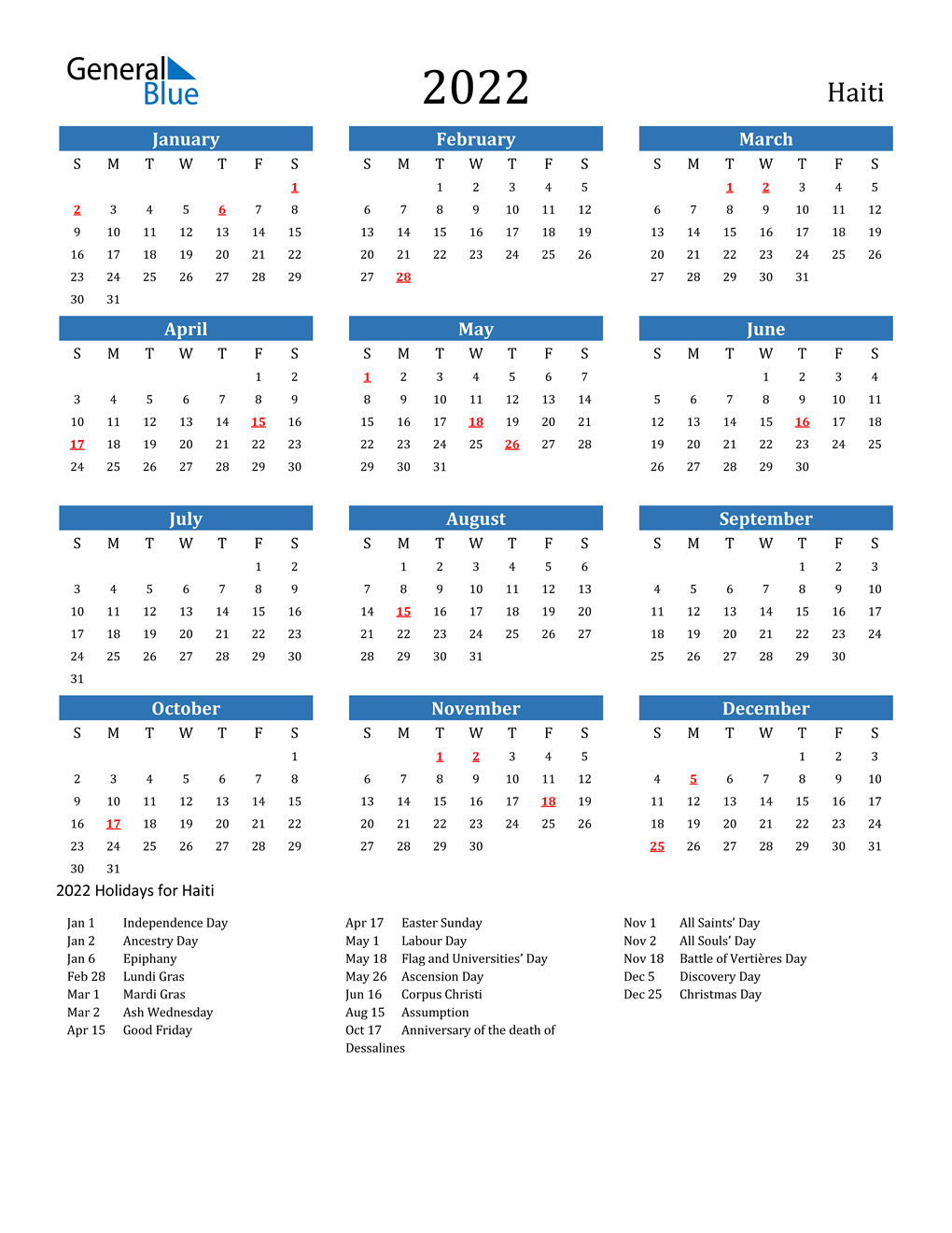 Haiti 2022 Calendar with Holidays