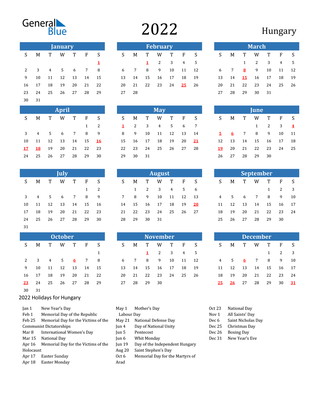 Hungary 2022 Calendar with Holidays
