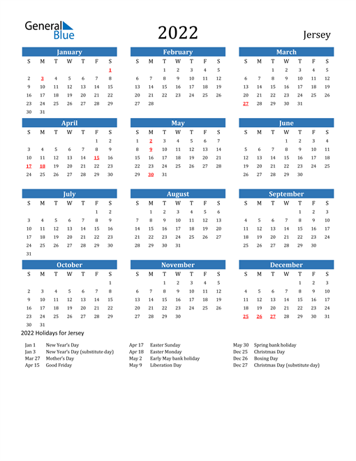 2022 Calendar - Jersey with Holidays