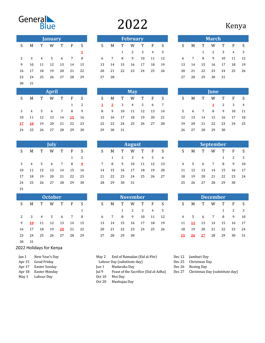 Printable Calendar 2022 With Holidays 2022 Kenya Calendar With Holidays