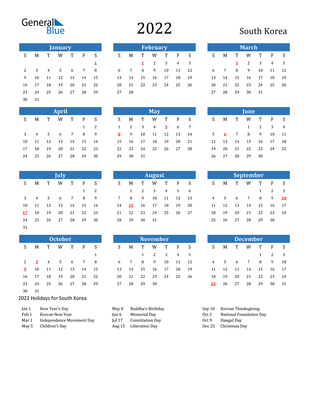 2022 South Korea Calendar With Holidays