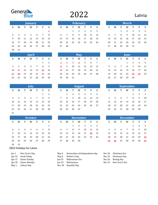 2022 latvia calendar with holidays