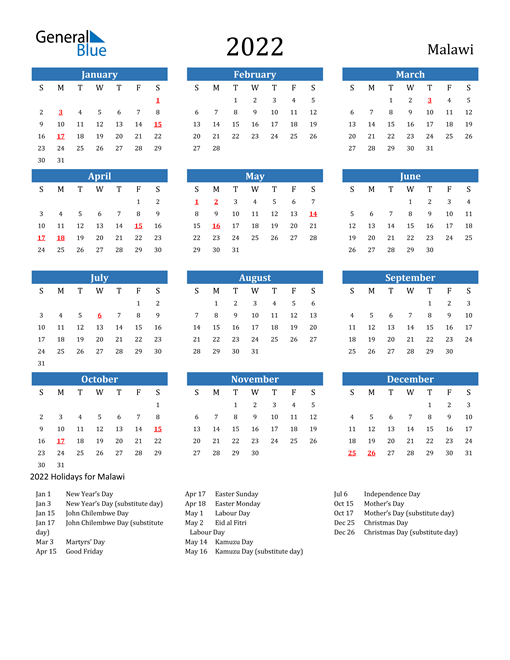 2022 calendar malawi with holidays