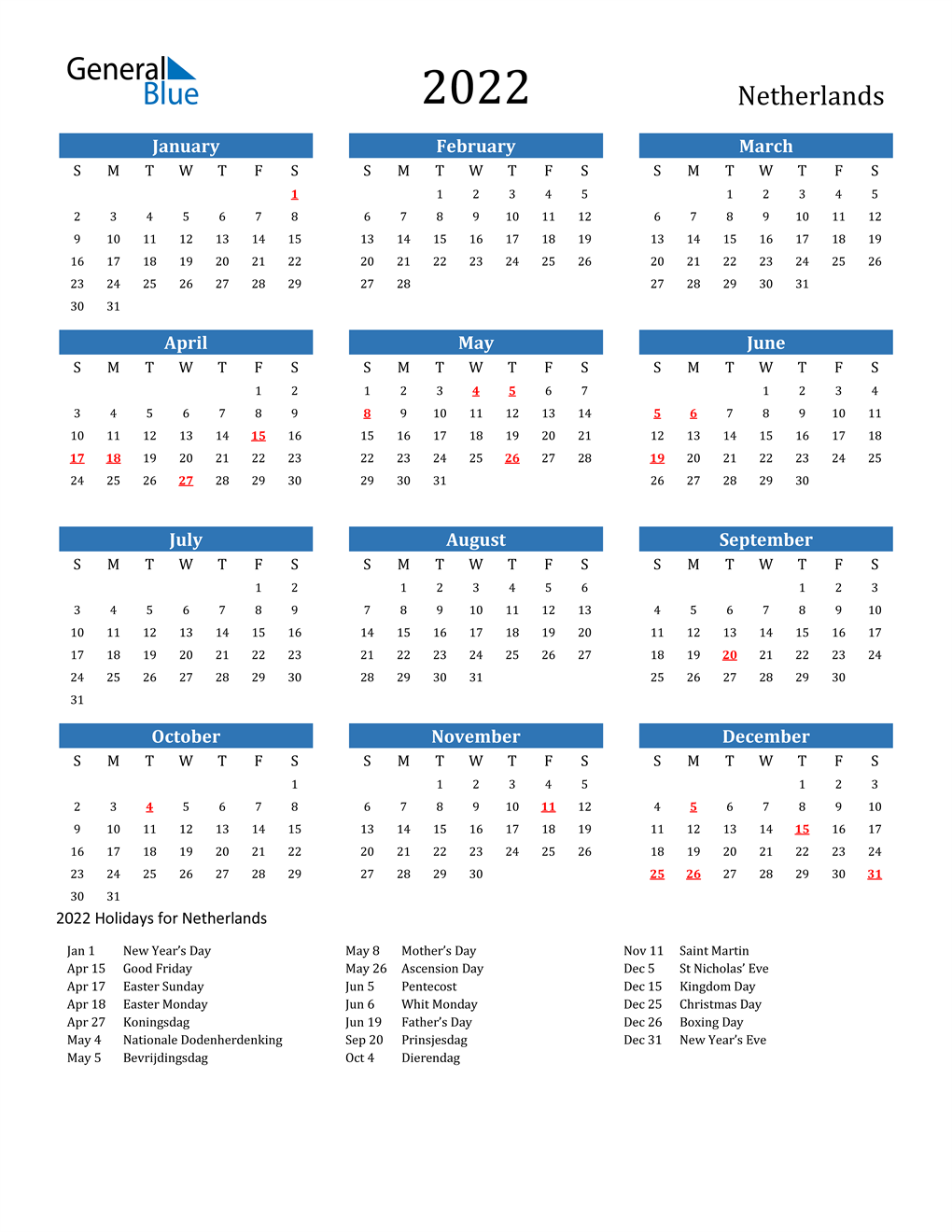 Easter 2022 Calendar Date 2022 Netherlands Calendar With Holidays