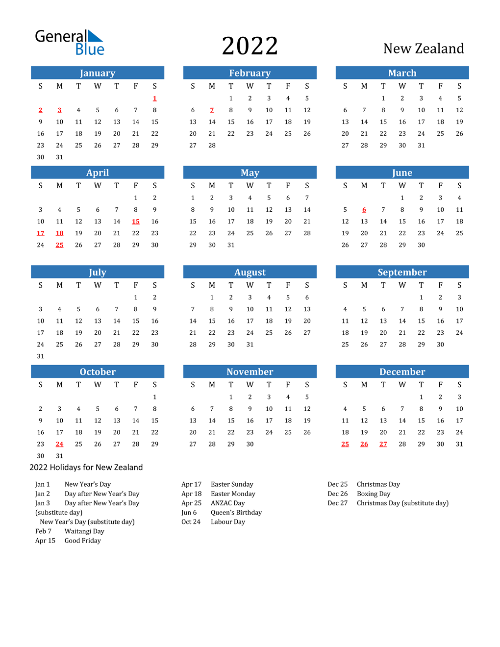 2022 new zealand calendar with holidays