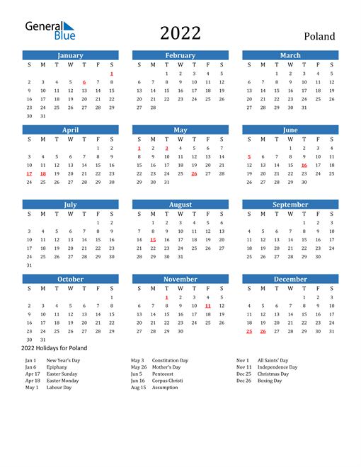 2022 Calendar with Poland Holidays