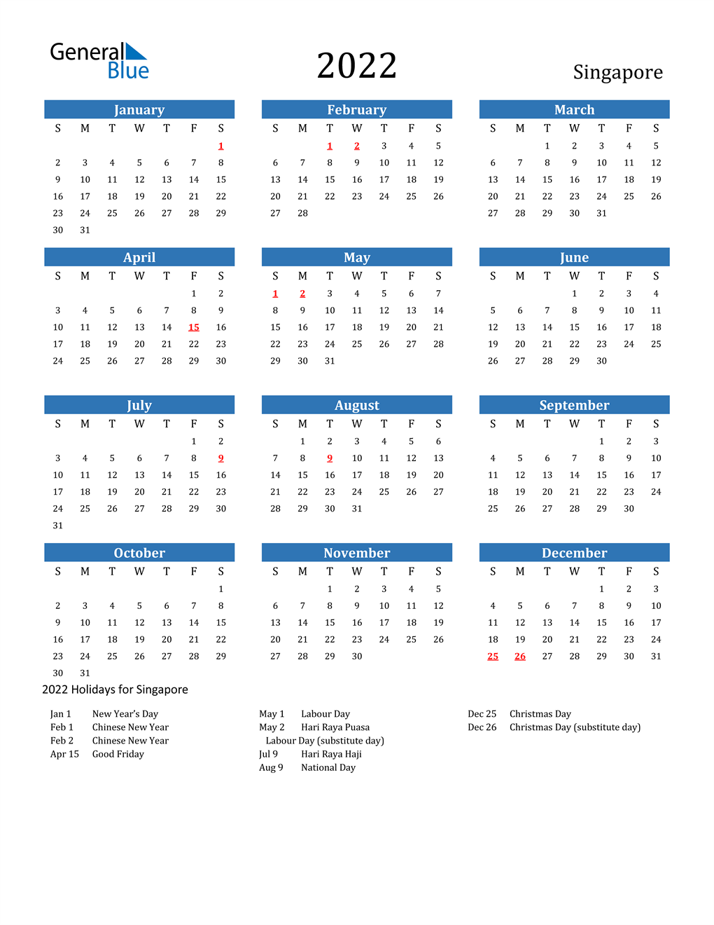 Monthly Calendar With Holidays 2022 2022 Singapore Calendar With Holidays