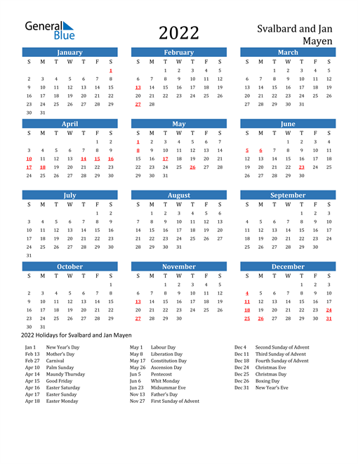 2022 calendar svalbard and jan mayen with holidays