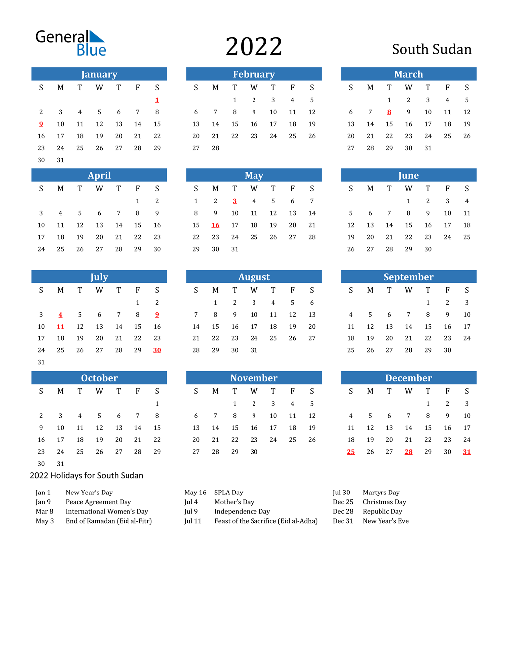 Ss Calendar 2022 2022 South Sudan Calendar With Holidays