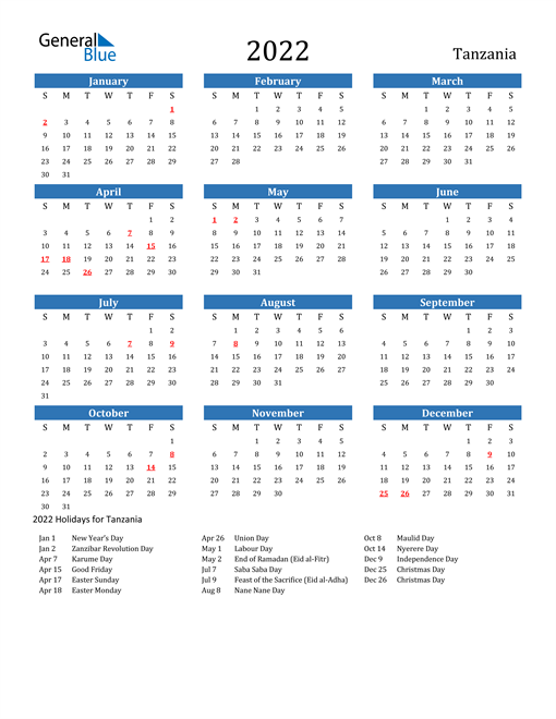 2022 Tanzania Calendar with Holidays