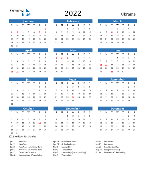 2022 calendar ukraine with holidays