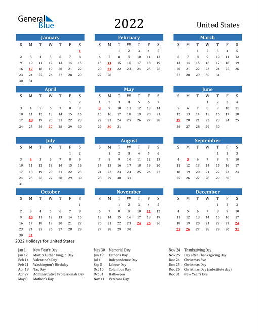 2022 United States Calendar With Holidays