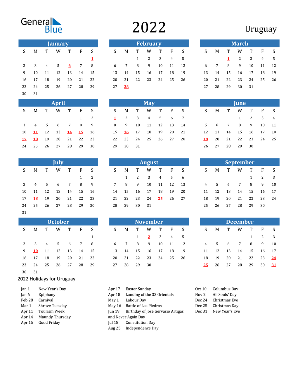 2022 Uruguay Calendar with Holidays