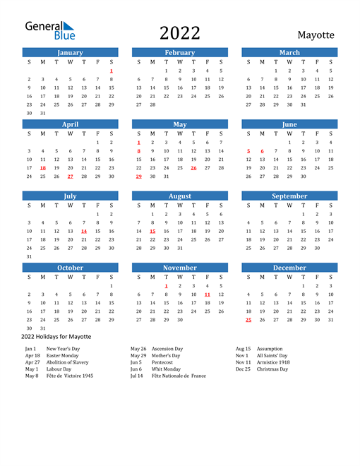 2022 calendar mayotte with holidays