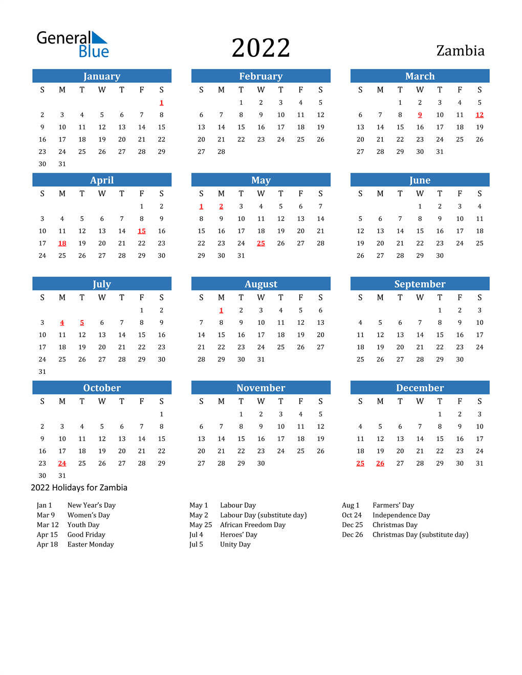 2022 Zambia Calendar With Holidays