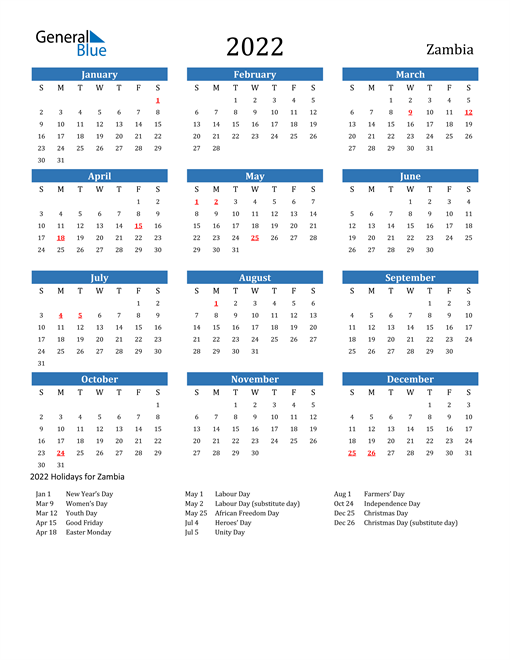 Zambia Calendars with Holidays