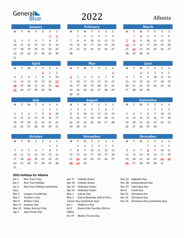 Albania 2022 Calendar with Holidays