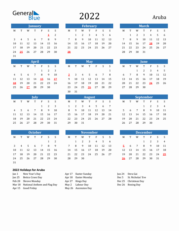 Aruba 2022 Calendar with Holidays