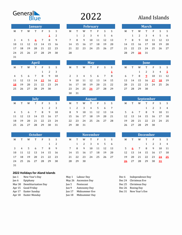 Aland Islands 2022 Calendar with Holidays