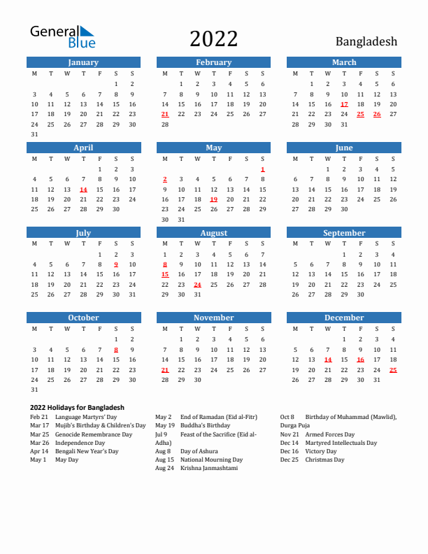Bangladesh 2022 Calendar with Holidays