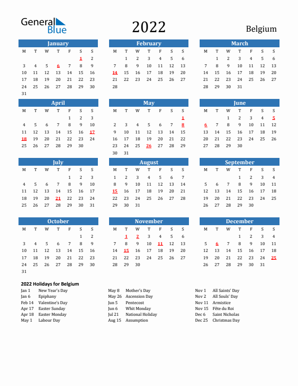 Belgium 2022 Calendar with Holidays