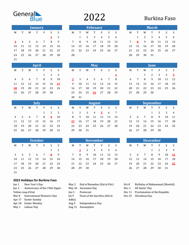 Burkina Faso 2022 Calendar with Holidays