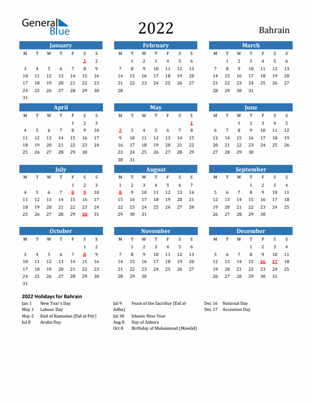 Bahrain 2022 Calendar with Holidays