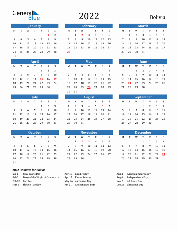 Bolivia 2022 Calendar with Holidays