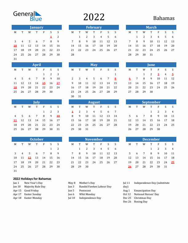 Bahamas 2022 Calendar with Holidays