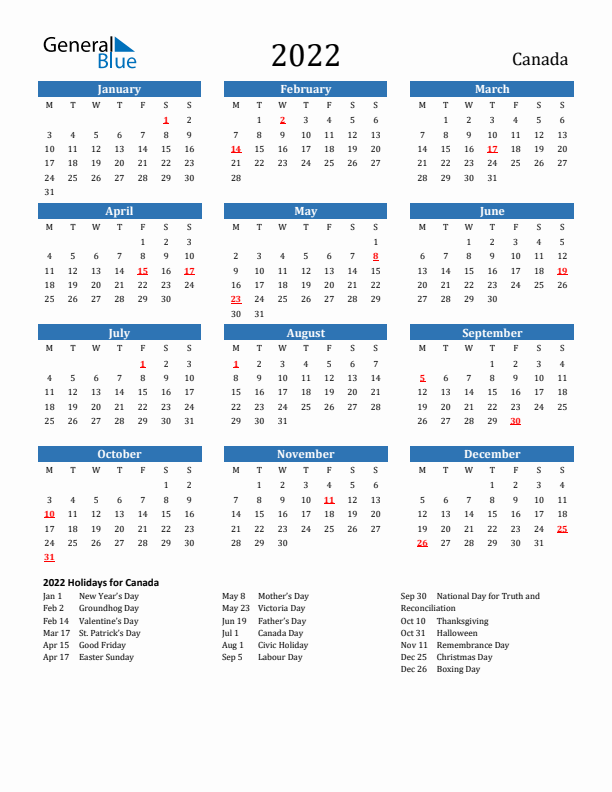 Canada 2022 Calendar with Holidays
