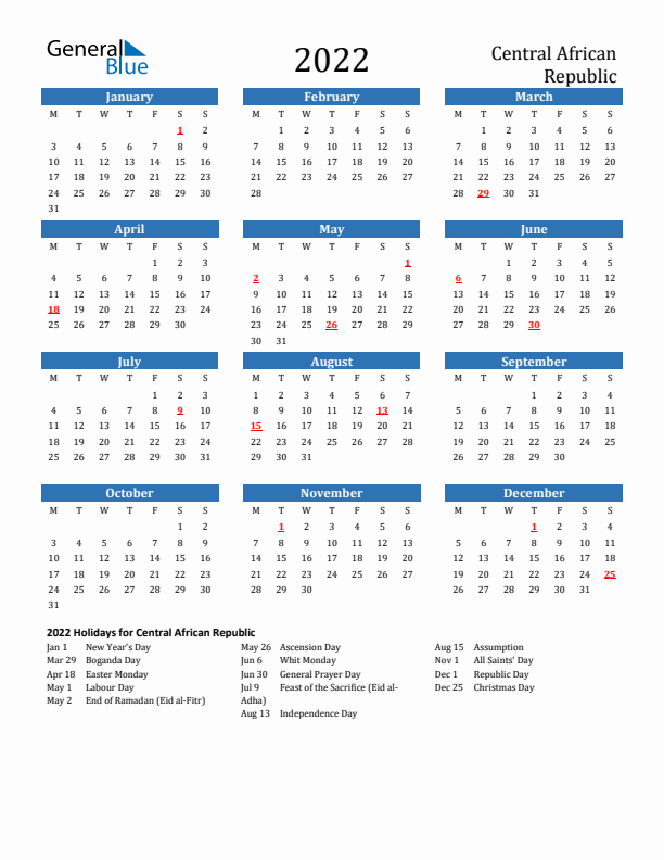 Central African Republic 2022 Calendar with Holidays