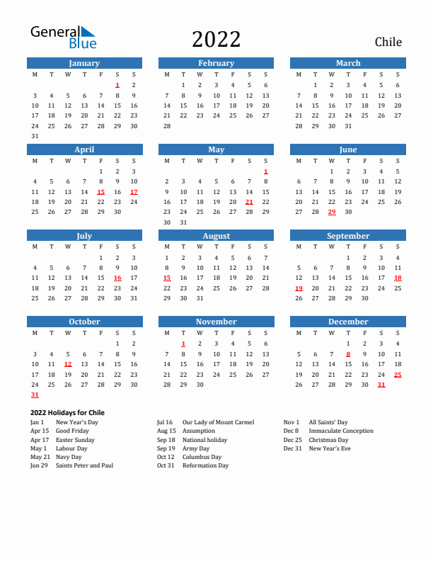 Chile 2022 Calendar with Holidays