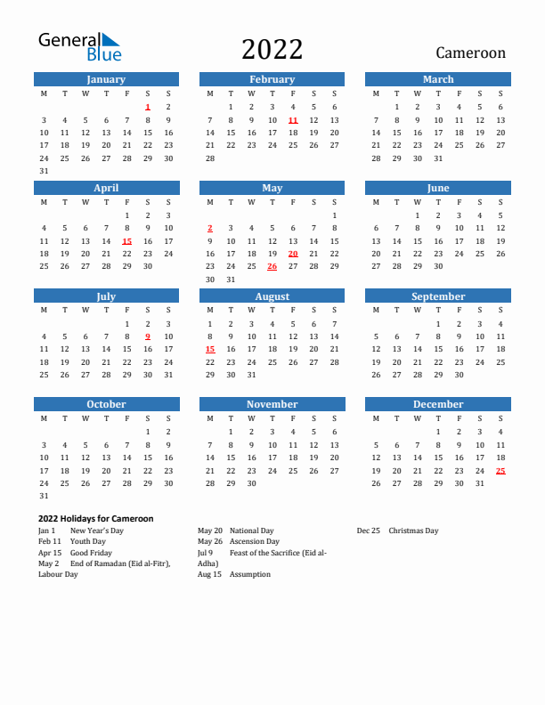 Cameroon 2022 Calendar with Holidays