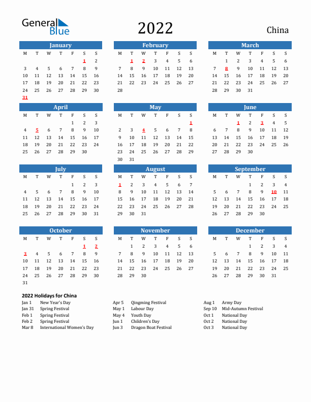China 2022 Calendar with Holidays