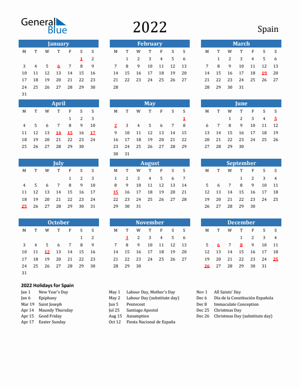 Spain 2022 Calendar with Holidays