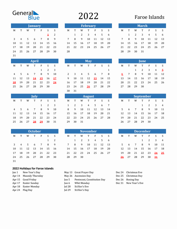 Faroe Islands 2022 Calendar with Holidays