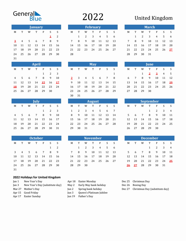 United Kingdom 2022 Calendar with Holidays