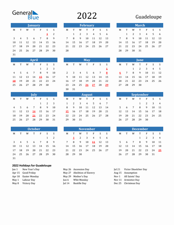 Guadeloupe 2022 Calendar with Holidays
