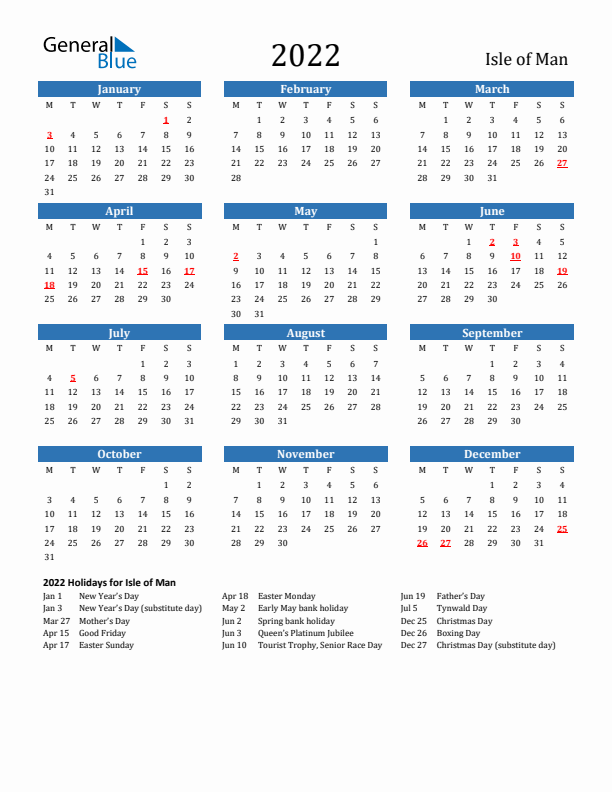 Isle of Man 2022 Calendar with Holidays