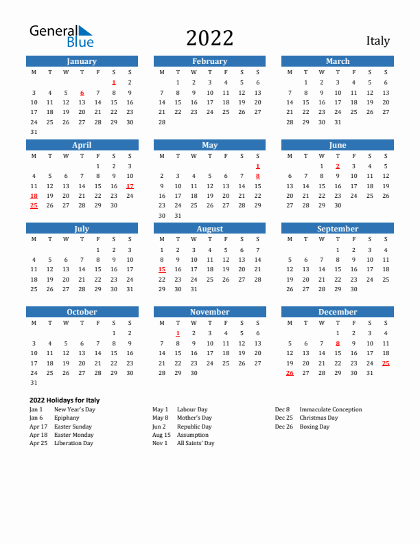 Italy 2022 Calendar with Holidays