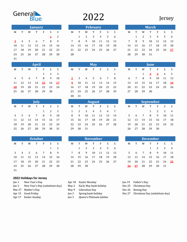 Jersey 2022 Calendar with Holidays