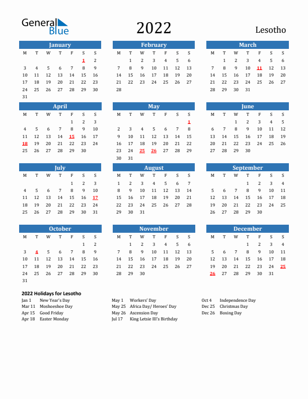 Lesotho 2022 Calendar with Holidays
