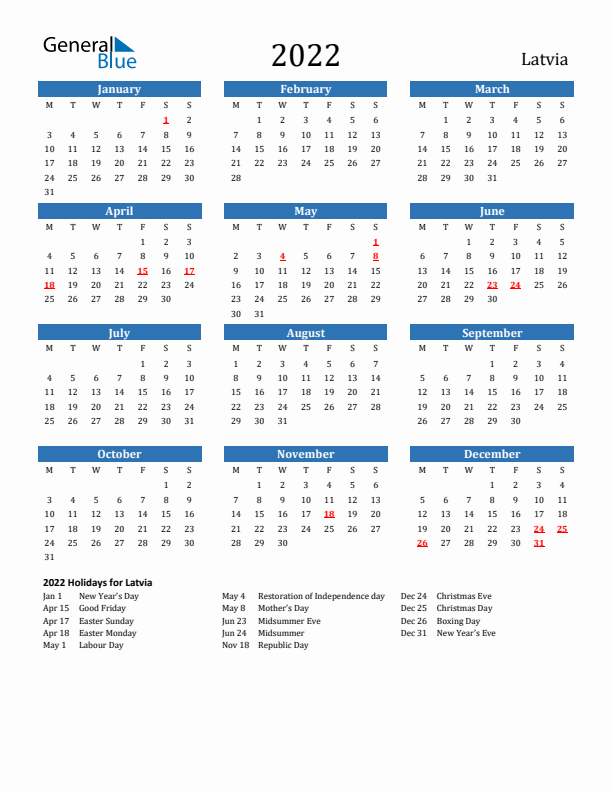 Latvia 2022 Calendar with Holidays