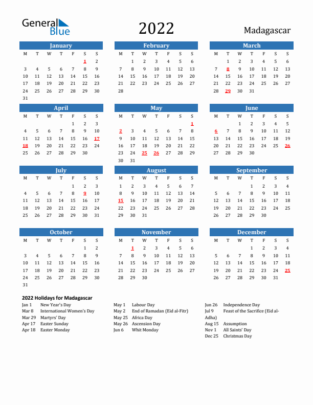 Madagascar 2022 Calendar with Holidays