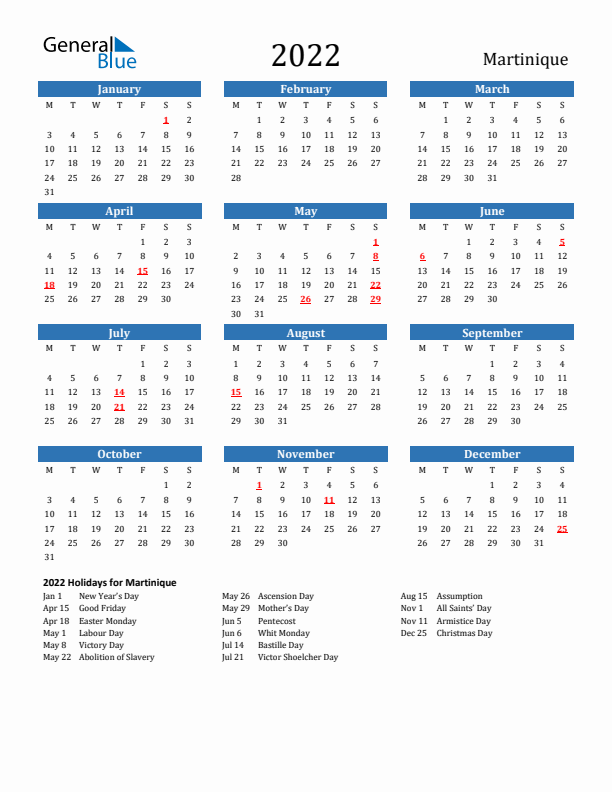 Martinique 2022 Calendar with Holidays