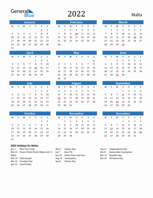 Malta 2022 Calendar with Holidays