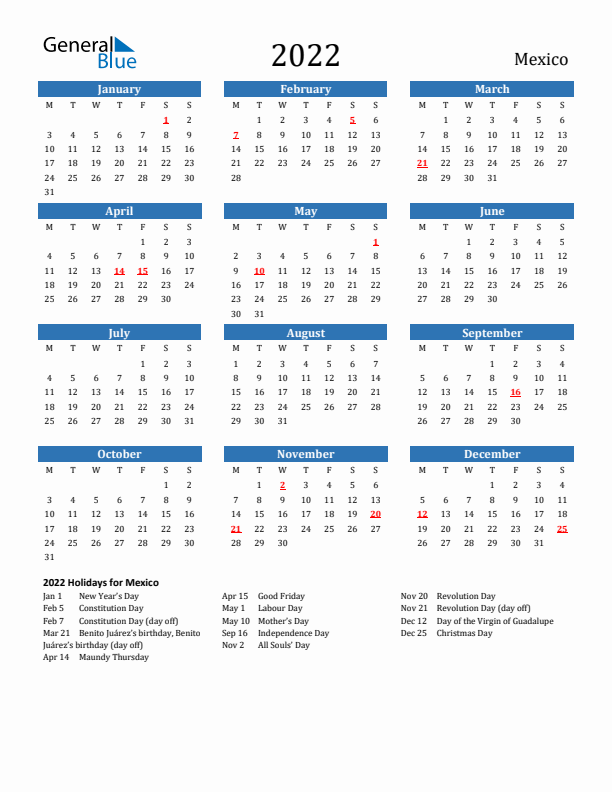 Mexico 2022 Calendar with Holidays