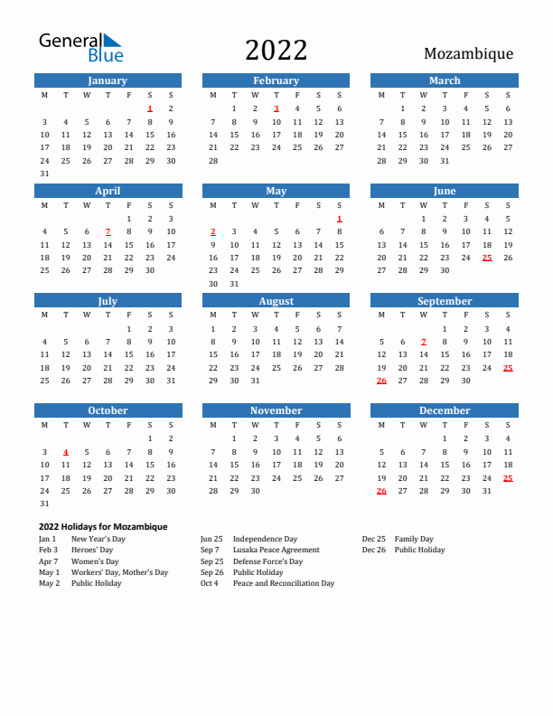 Mozambique 2022 Calendar with Holidays