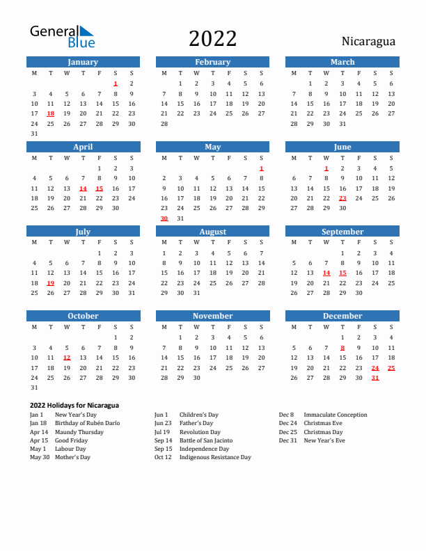 Nicaragua 2022 Calendar with Holidays