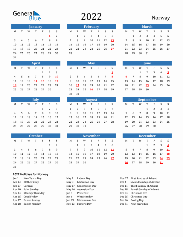 Norway 2022 Calendar with Holidays
